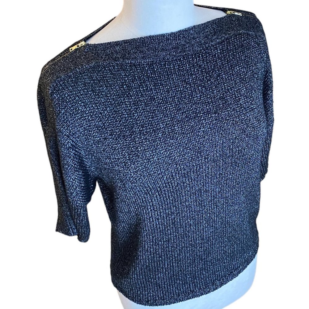 Gap Metallic Shimmer Knit Sweater Boatneck Gold Shoulder Zip Short Sleeve Y2K-M